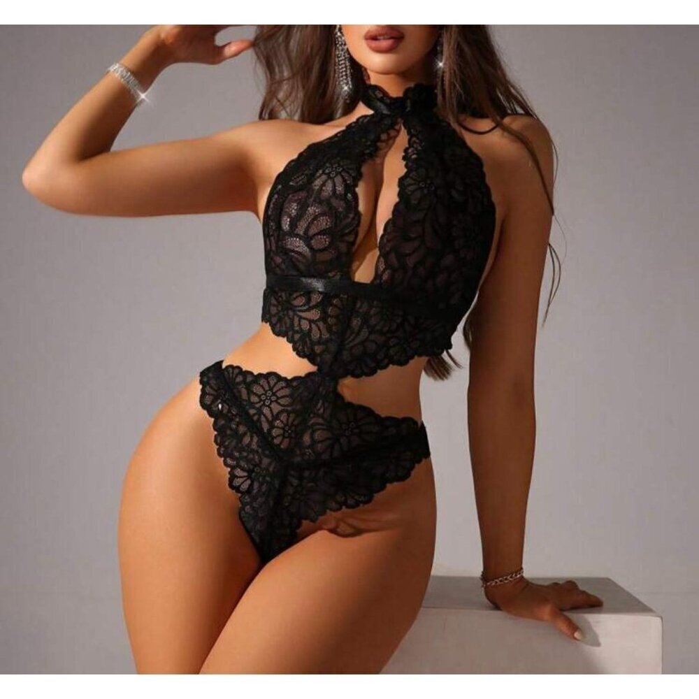 Sexy Black Bodysuit Lace Halter Lingerie